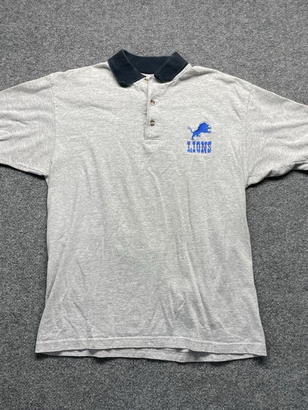 Vintage Detroit Lions True Fan Polo Shirt Size L Gray Navy Blue 100% Cotton NFL